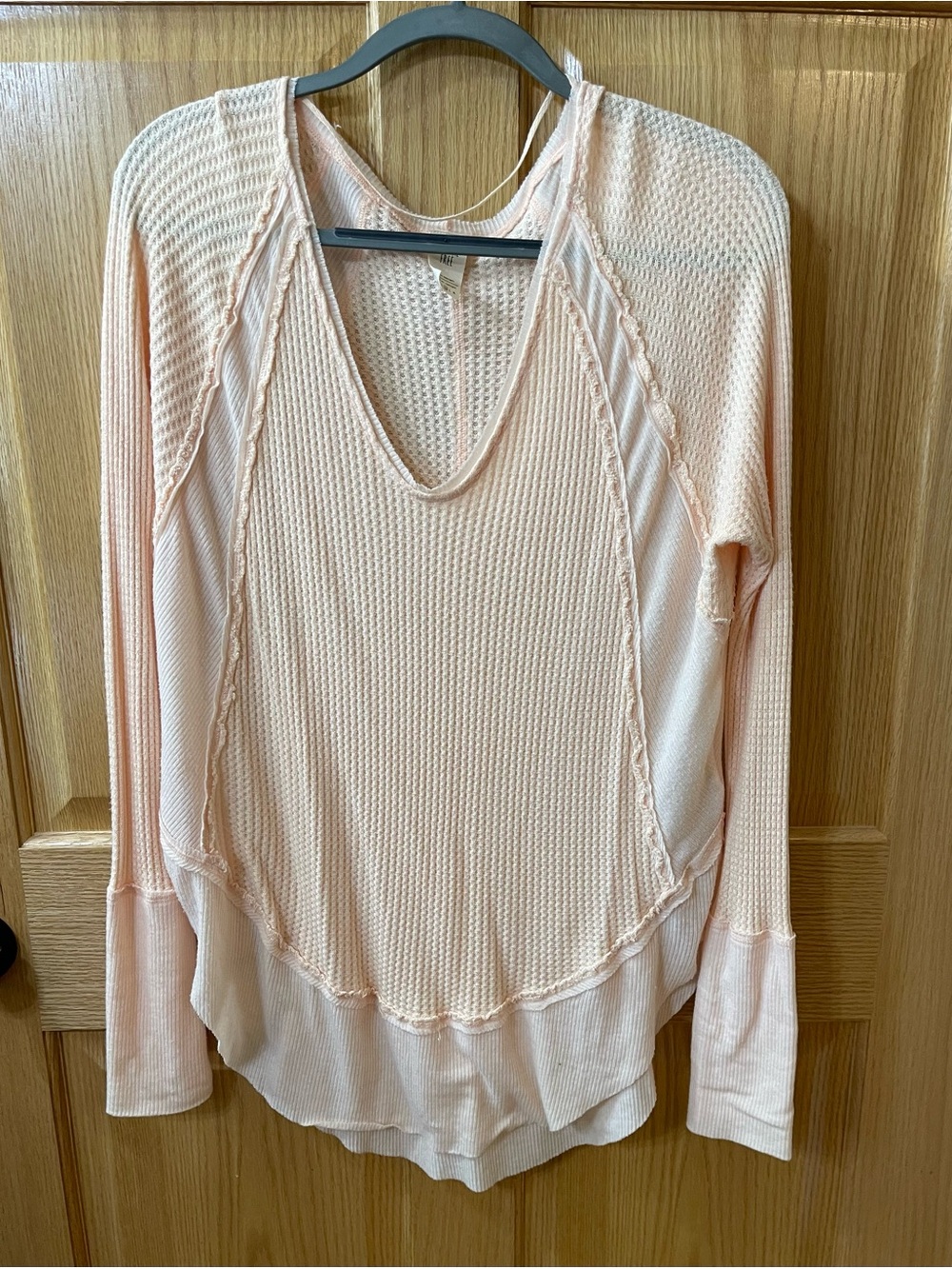 We The Free Peach Waffle-Knit V-Neck Long Sleeve Top